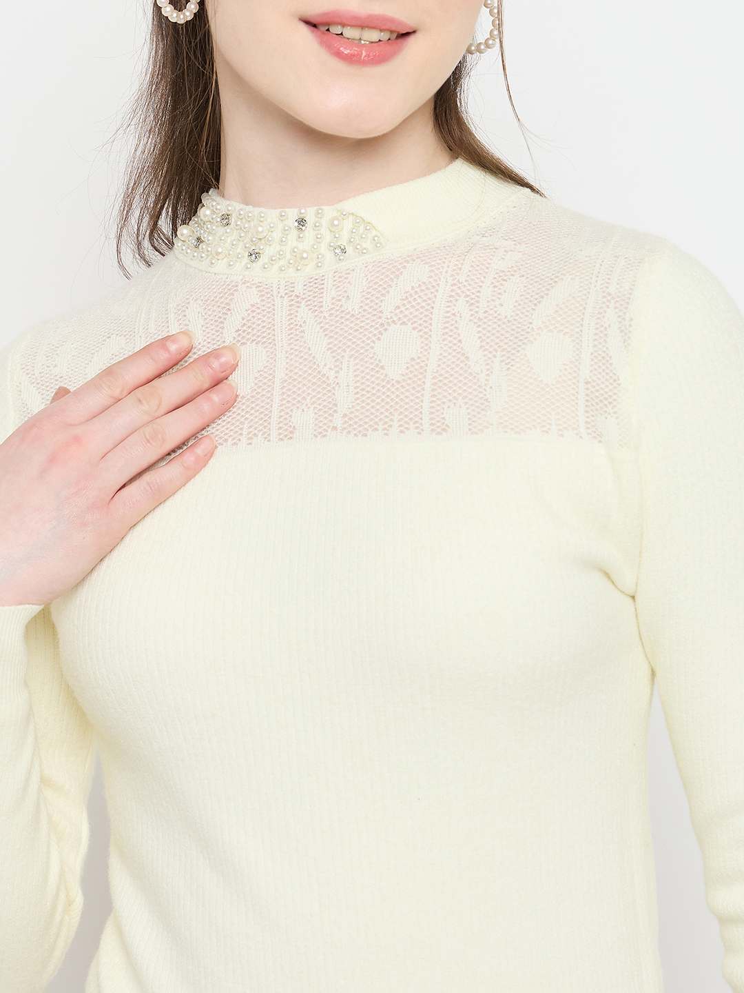 Madame Mock Neck Embellished Off White Sweater - Image 7