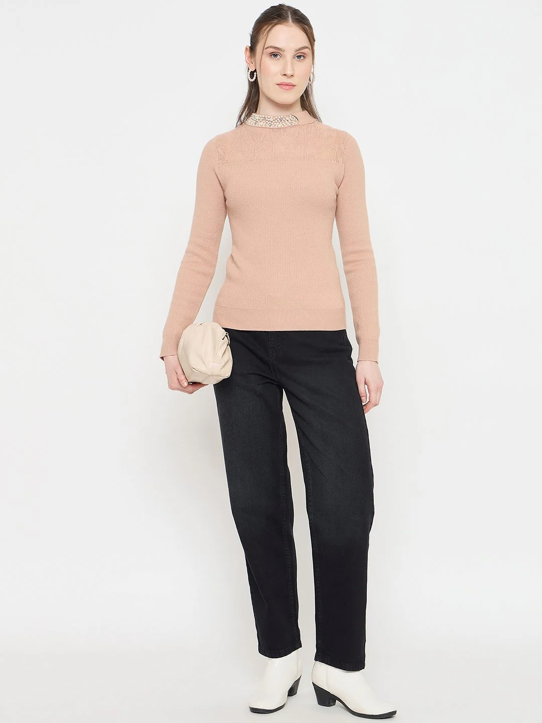 Madame Mock Neck Embellished Peach Sweater - Image 2