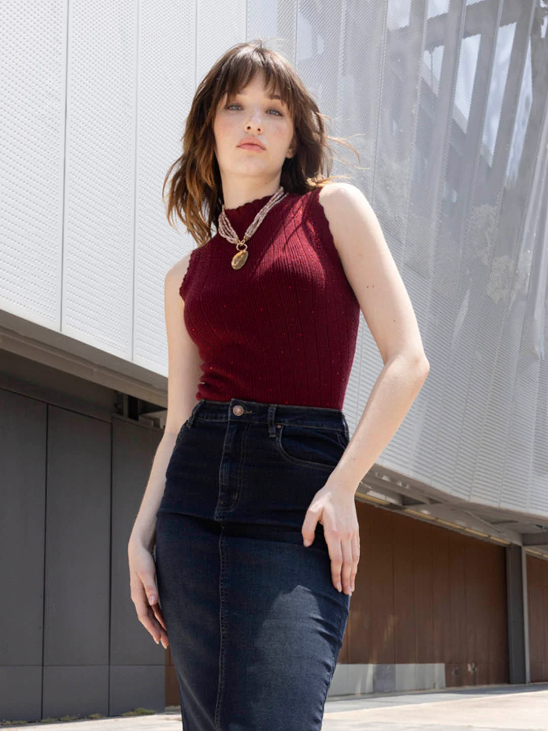 Madame Metallic Fabric Maroon Sleeveless Sweater