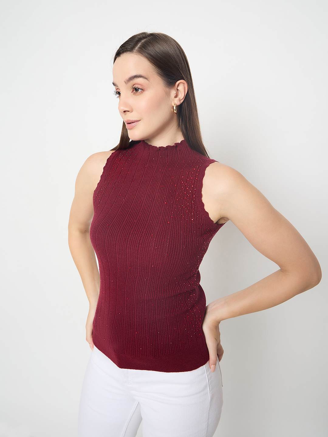 Madame Metallic Fabric Maroon Sleeveless Sweater - Image 2