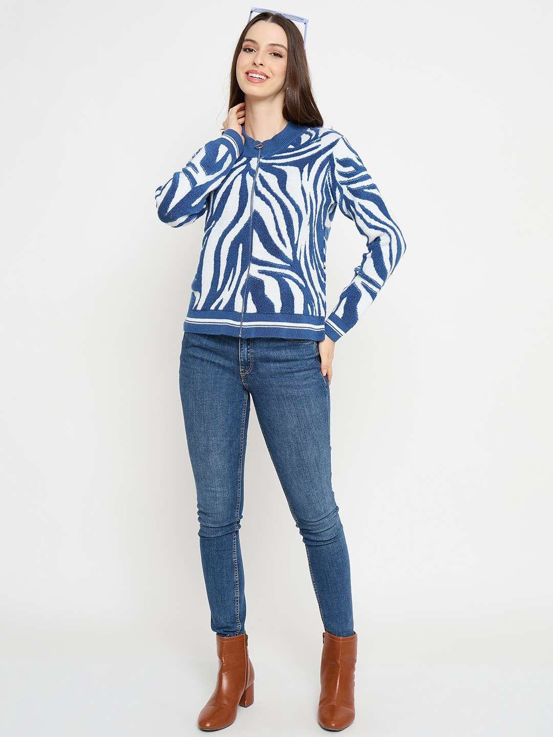Madame Animal Print Zip Blue Sweater - Image 2