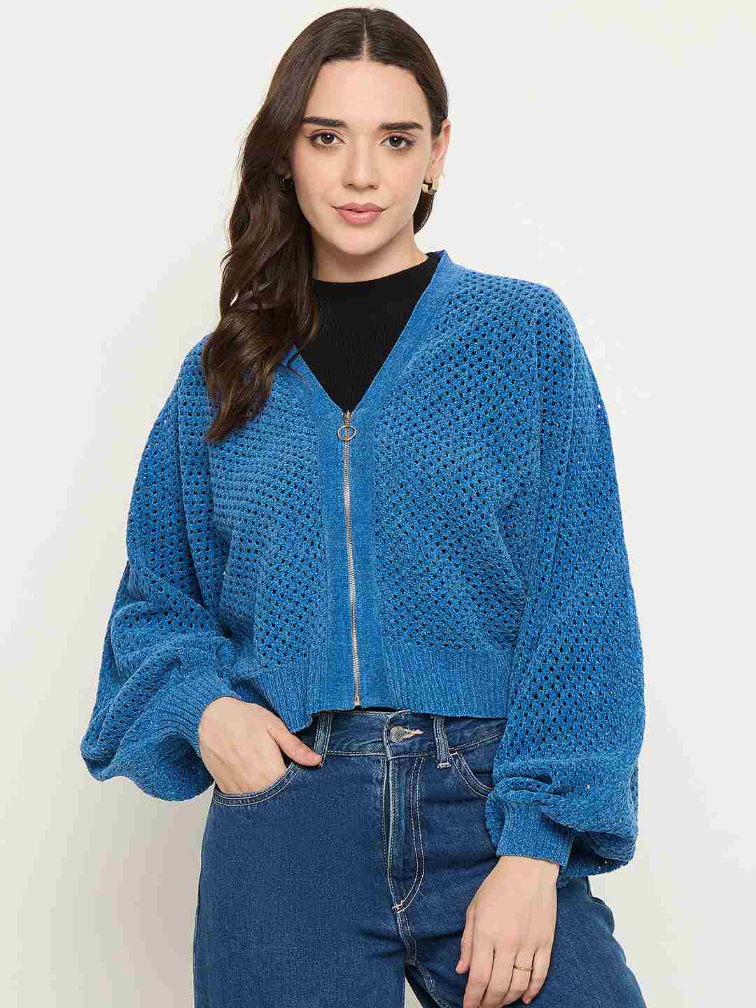 Madame Textured Relaxed Fit Blue Sweater - Image 2