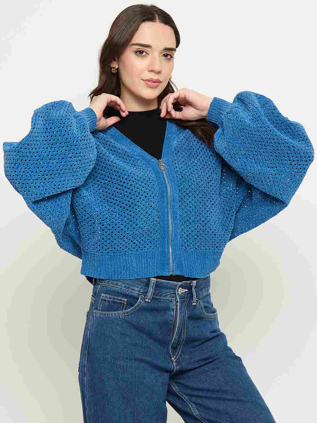 Madame Textured Relaxed Fit Blue Sweater - Image 4