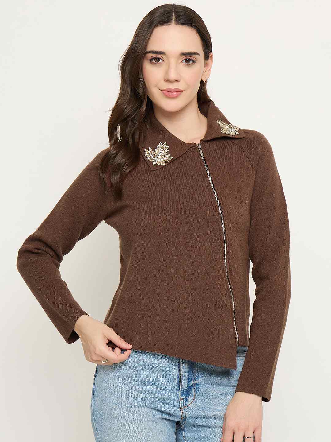Madame Embroidered Collar Asymmetric Brown Sweater - Image 3