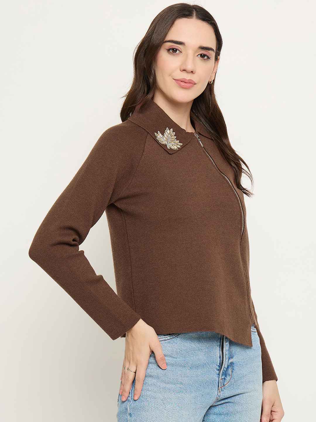 Madame Embroidered Collar Asymmetric Brown Sweater - Image 4