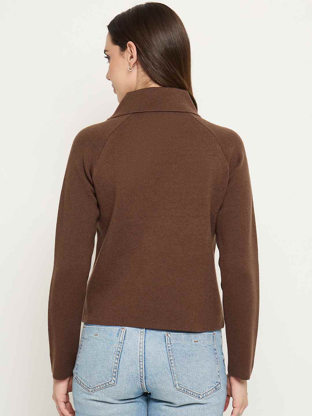 Madame Embroidered Collar Asymmetric Brown Sweater - Image 6