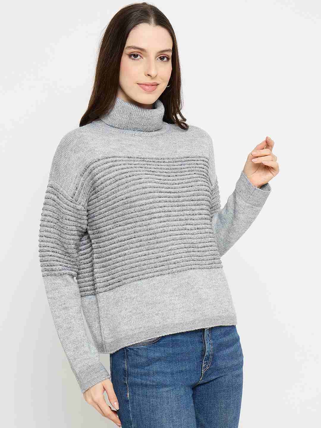 Madame Striped Grey High Neck Sweater - Image 4