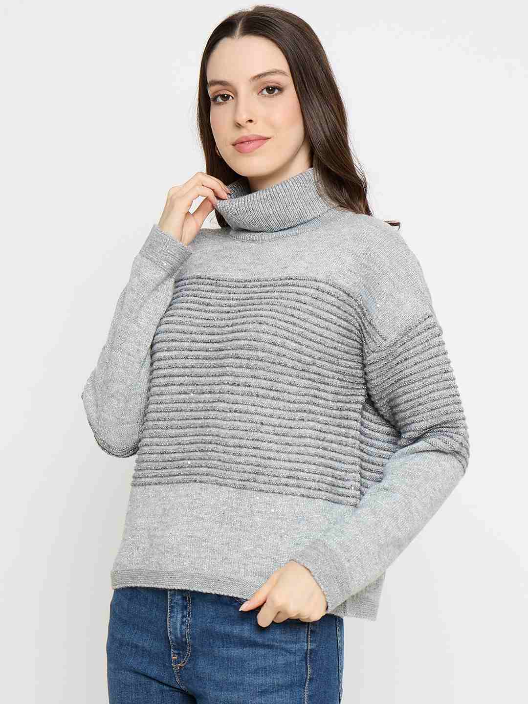 Madame Striped Grey High Neck Sweater - Image 5