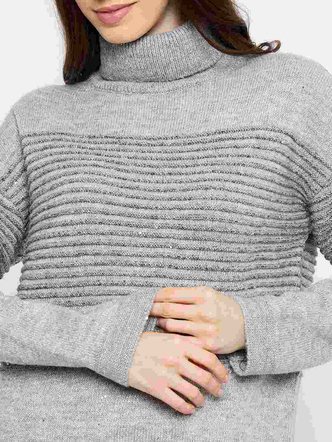 Madame Striped Grey High Neck Sweater - Image 7