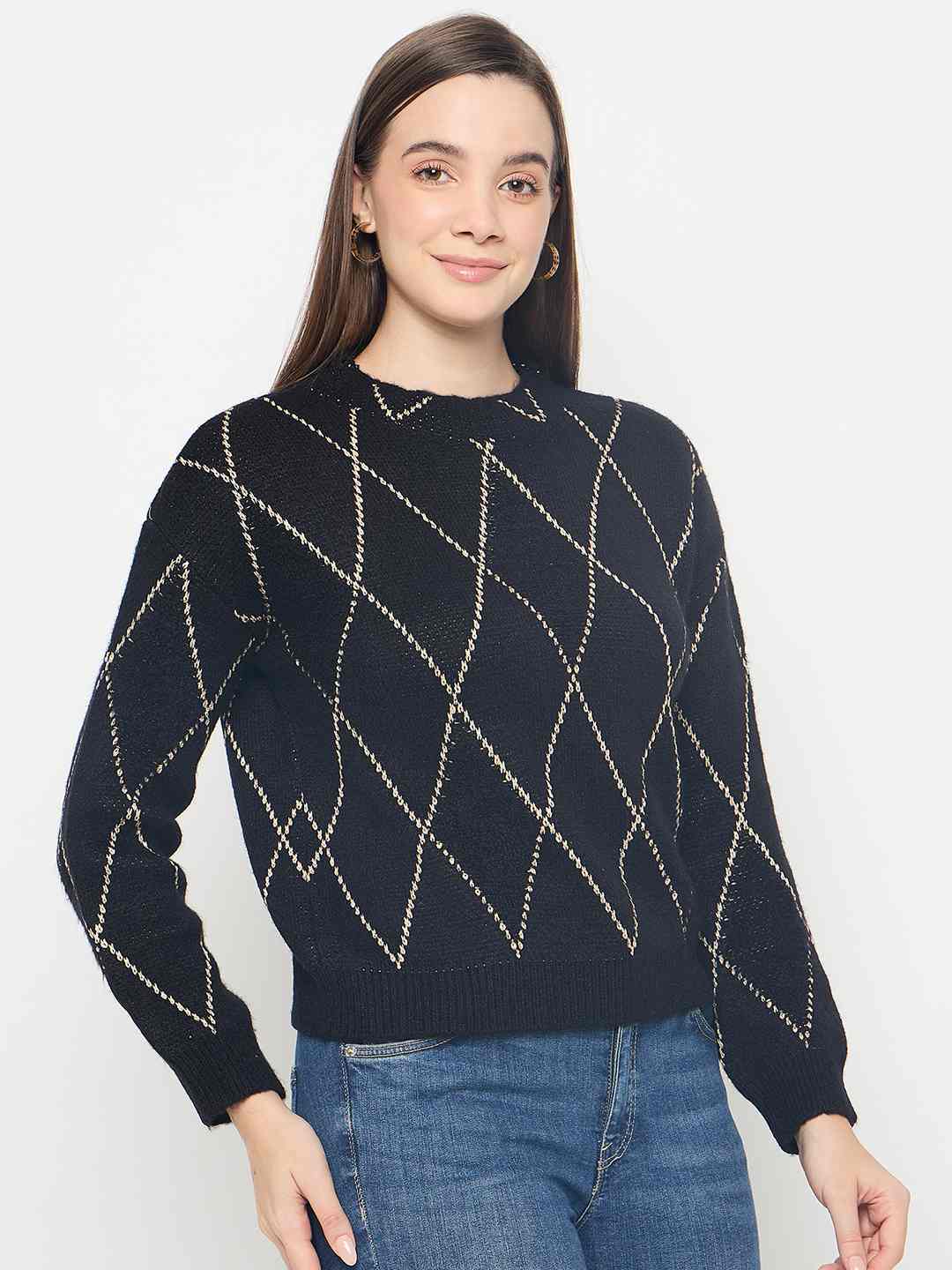 Madame Geometric Print Acrylic Blend Black Sweater - Image 4