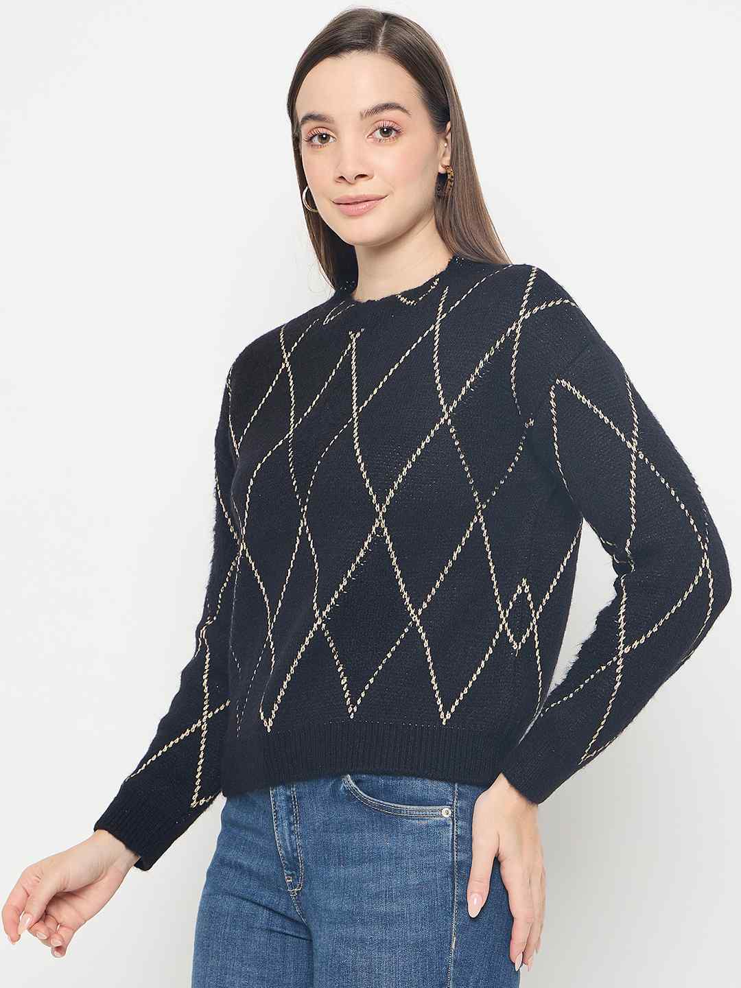 Madame Geometric Print Acrylic Blend Black Sweater - Image 5