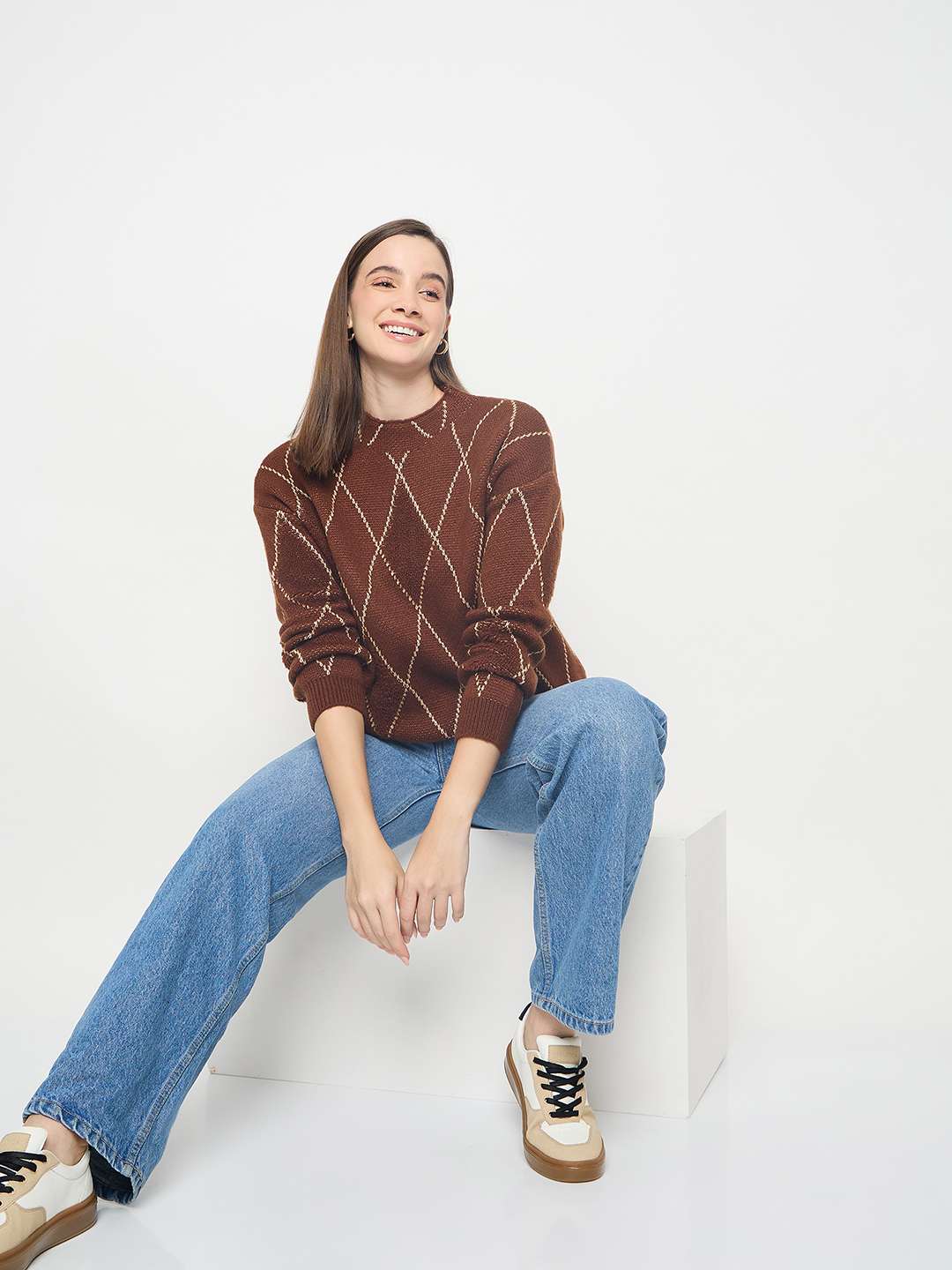 Madame Geometric Print Acrylic Blend Coffee Brown Sweater