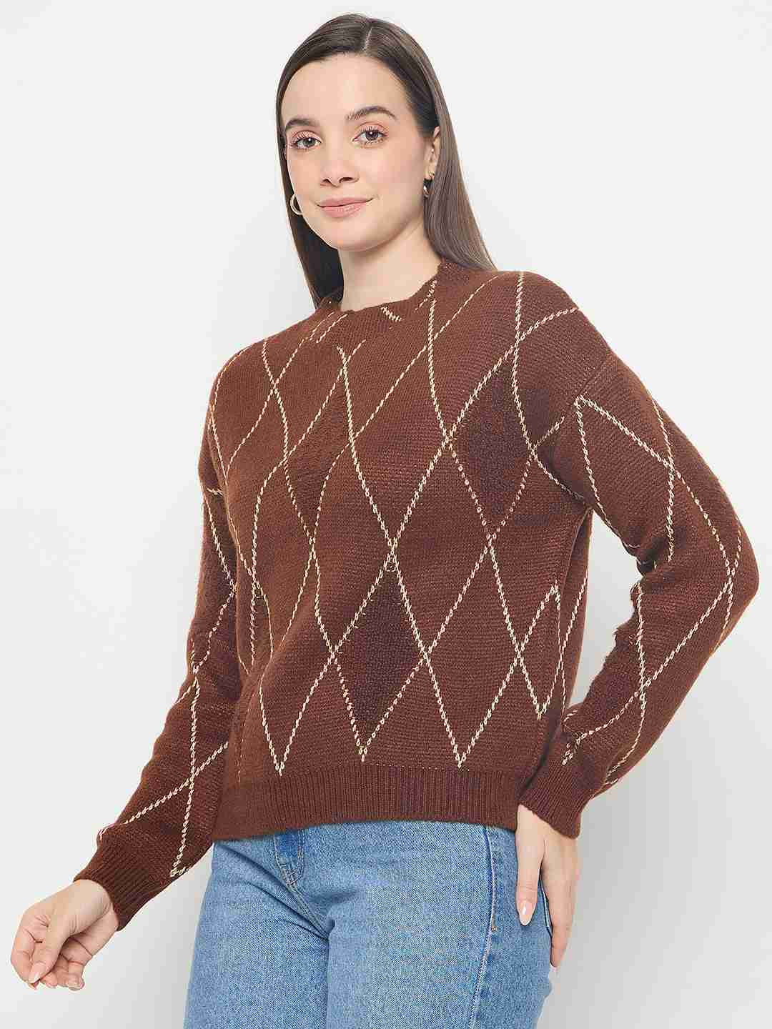 Madame Geometric Print Acrylic Blend Coffee Brown Sweater - Image 5