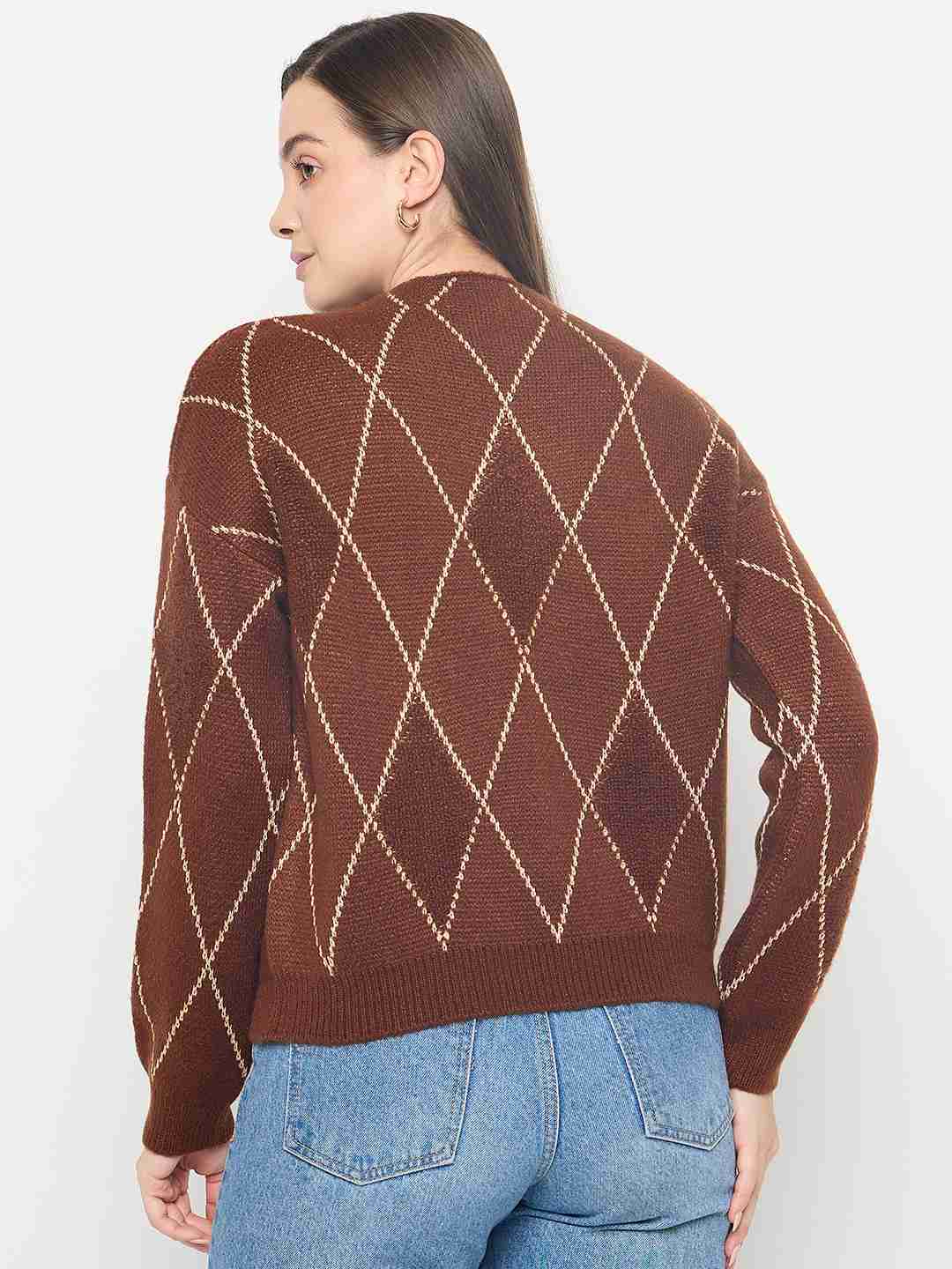 Madame Geometric Print Acrylic Blend Coffee Brown Sweater - Image 6