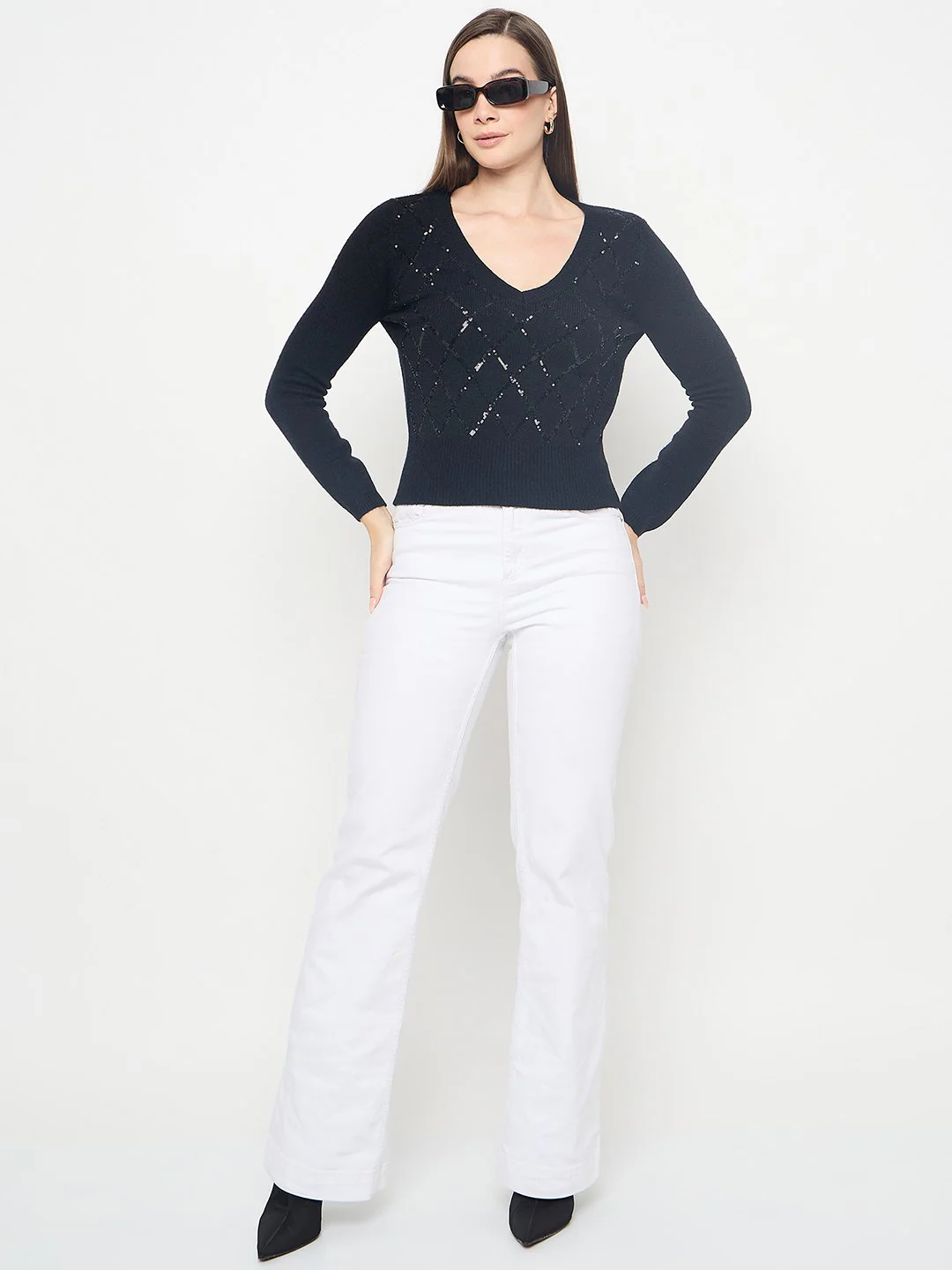 Madame Embellished Black Crop Sweater - Image 2