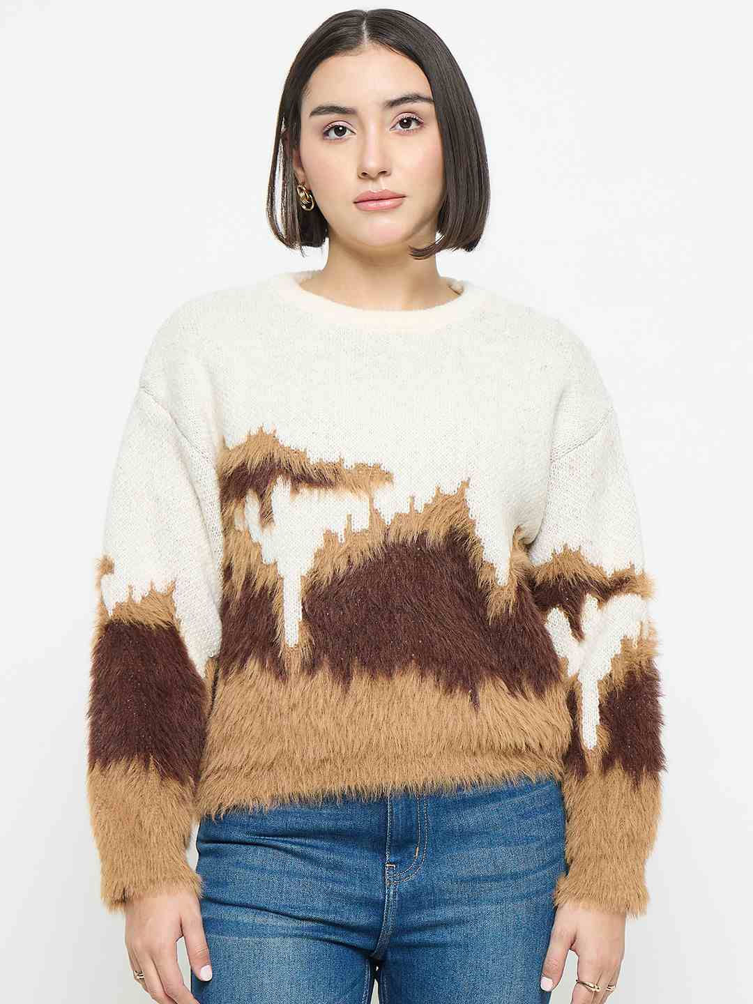 Madame Abstract Pattern Camel Brown Sweater - Image 3