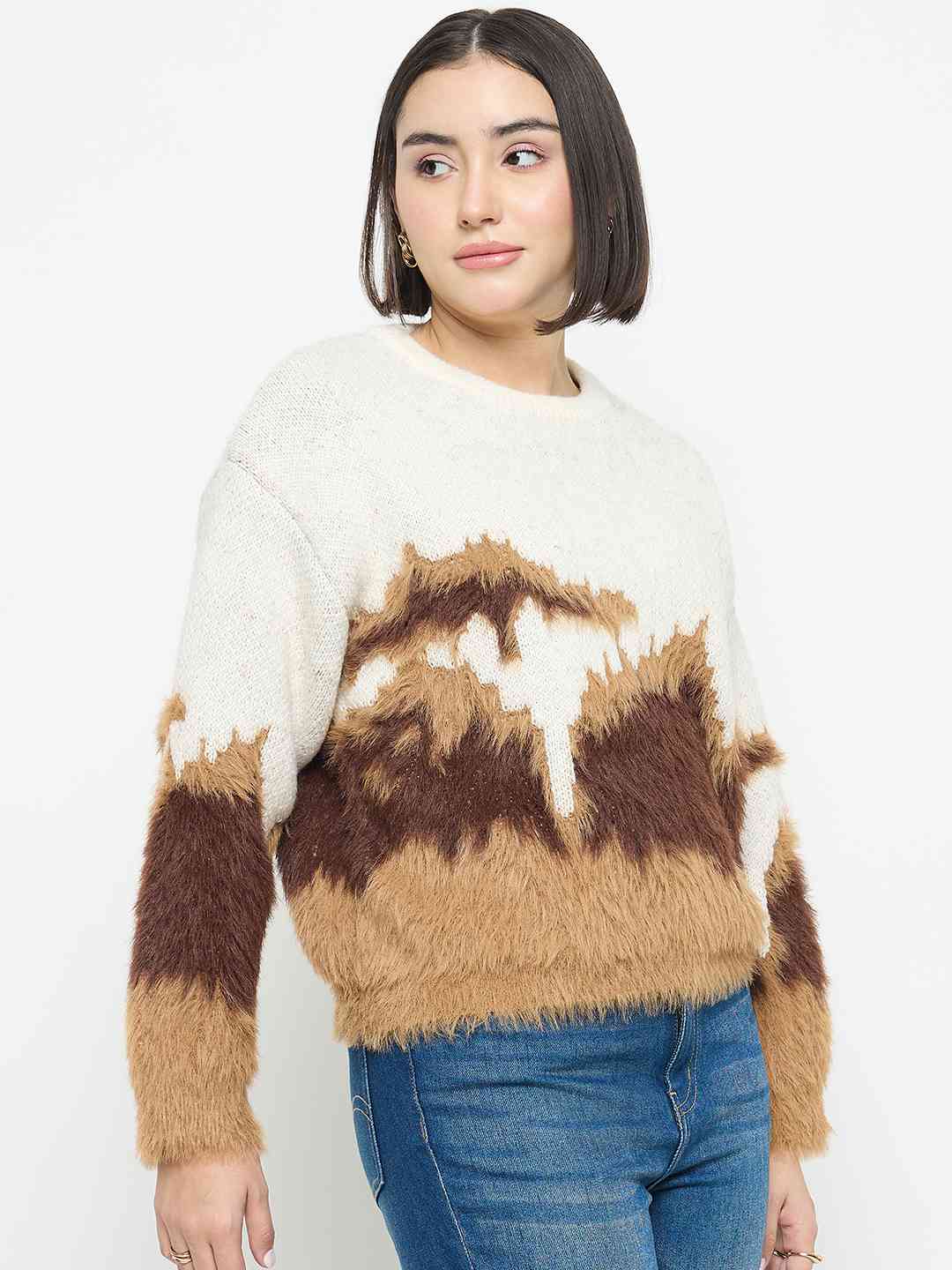 Madame Abstract Pattern Camel Brown Sweater - Image 4