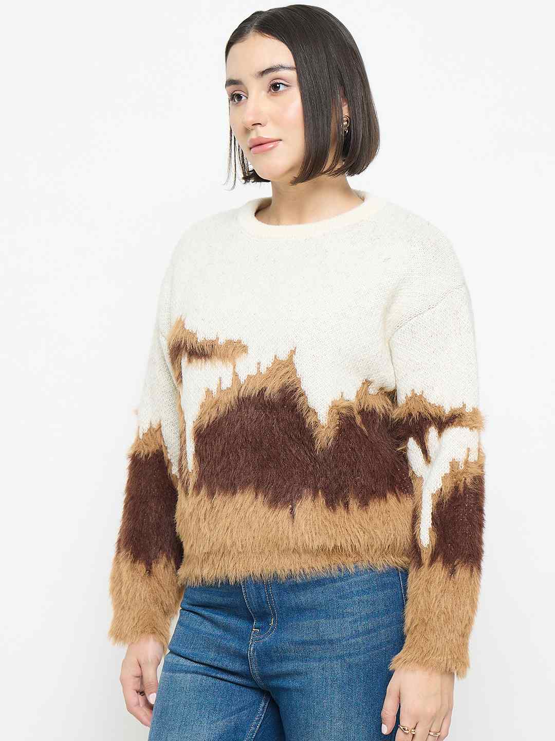 Madame Abstract Pattern Camel Brown Sweater - Image 5