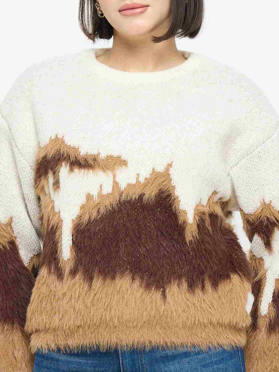 Madame Abstract Pattern Camel Brown Sweater - Image 7