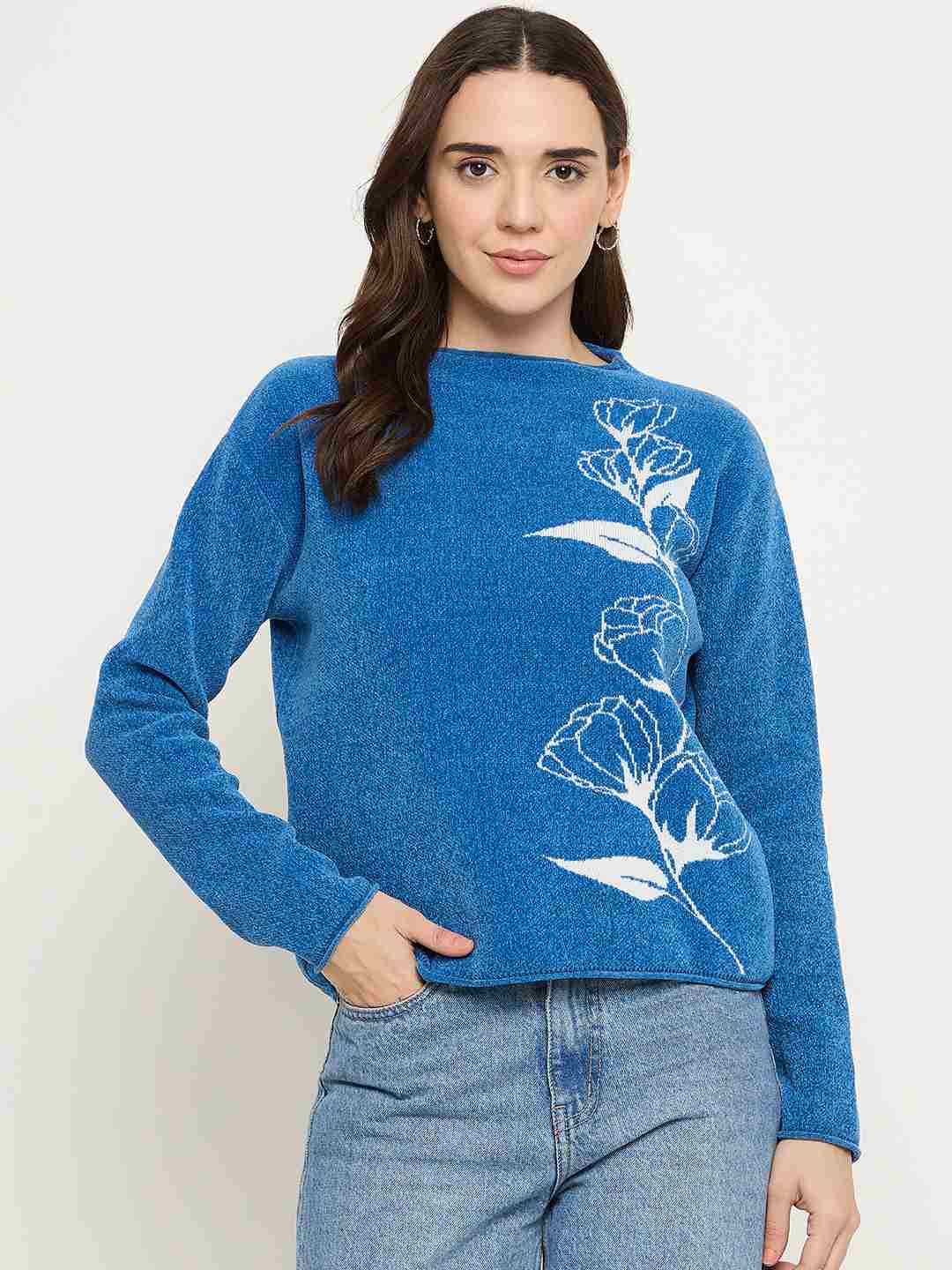 Madame Floral Print Blue Pullover Sweater - Image 3
