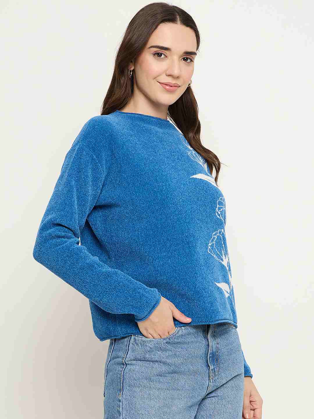 Madame Floral Print Blue Pullover Sweater - Image 4