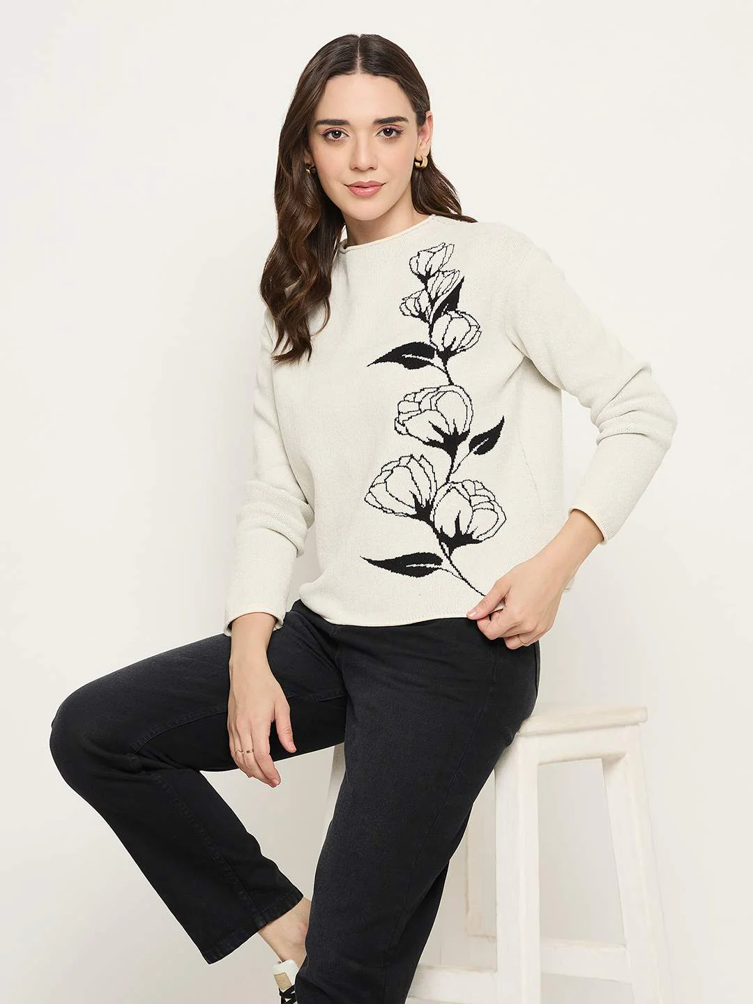 Madame Floral Print White Sweater