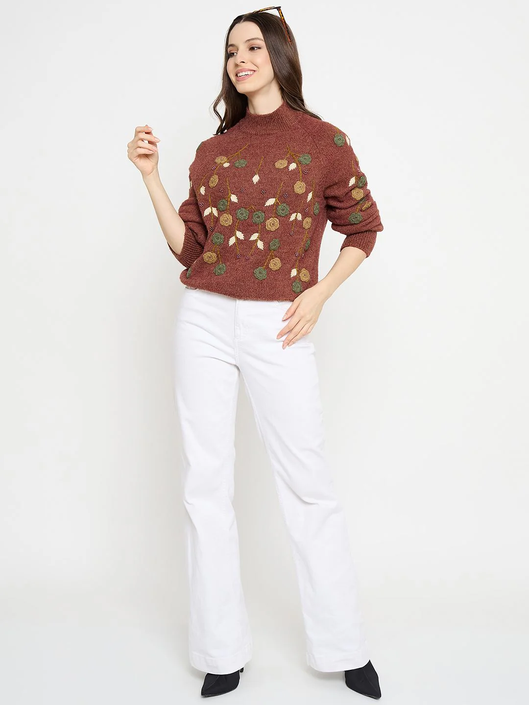 Madame Floral Embroidered Brown Pullover Sweater - Image 2