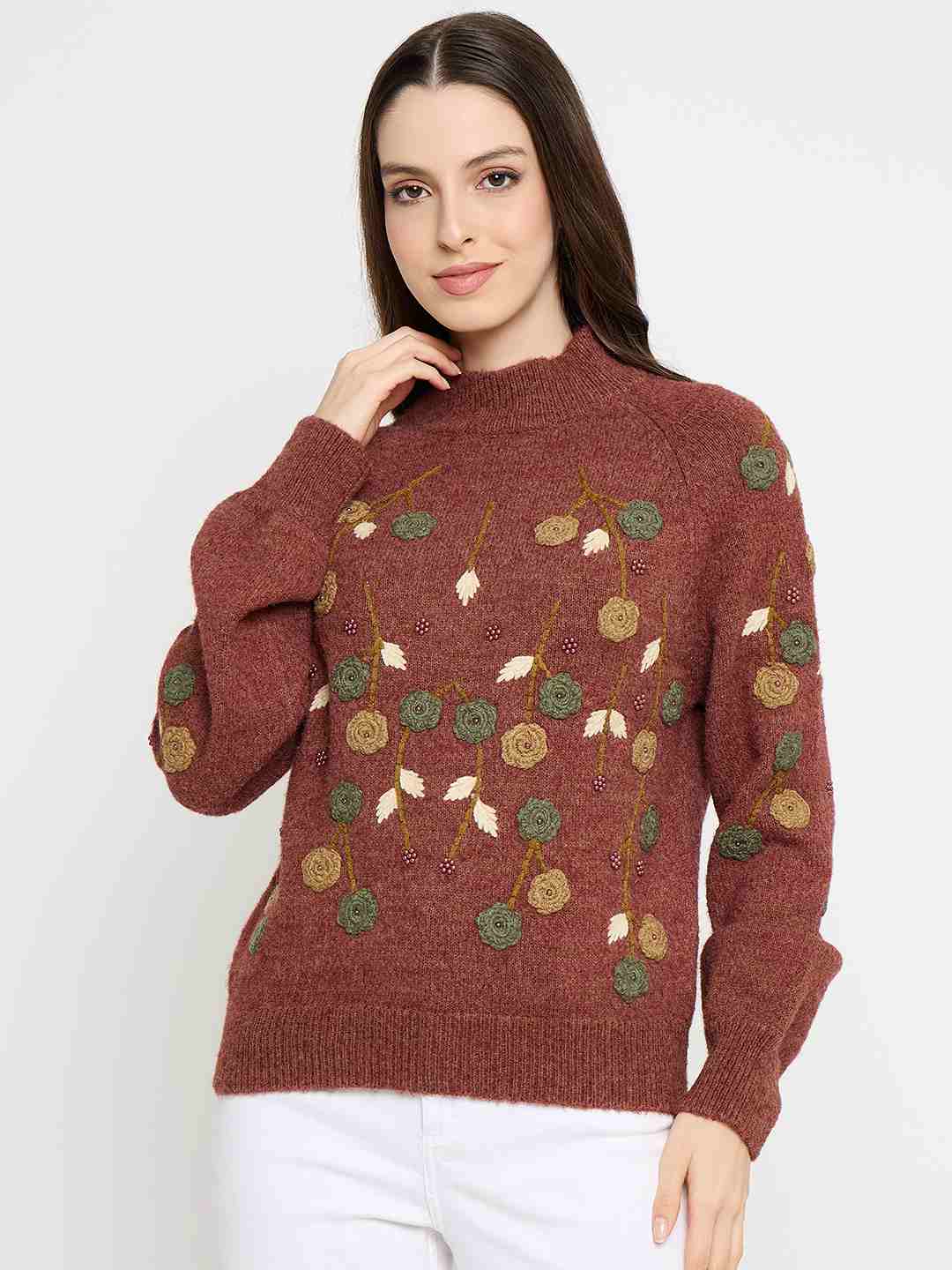 Madame Floral Embroidered Brown Pullover Sweater - Image 3