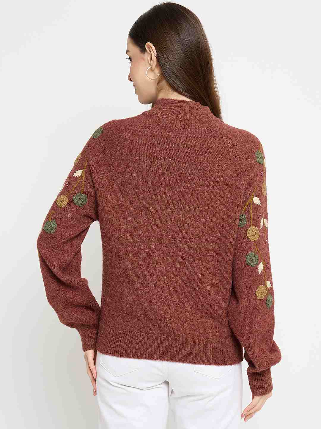 Madame Floral Embroidered Brown Pullover Sweater - Image 6