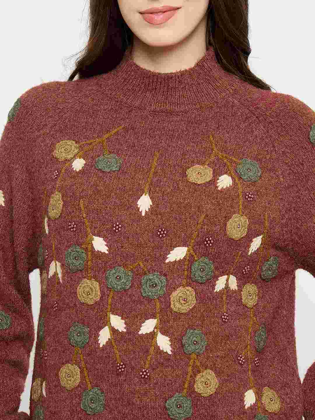 Madame Floral Embroidered Brown Pullover Sweater - Image 7