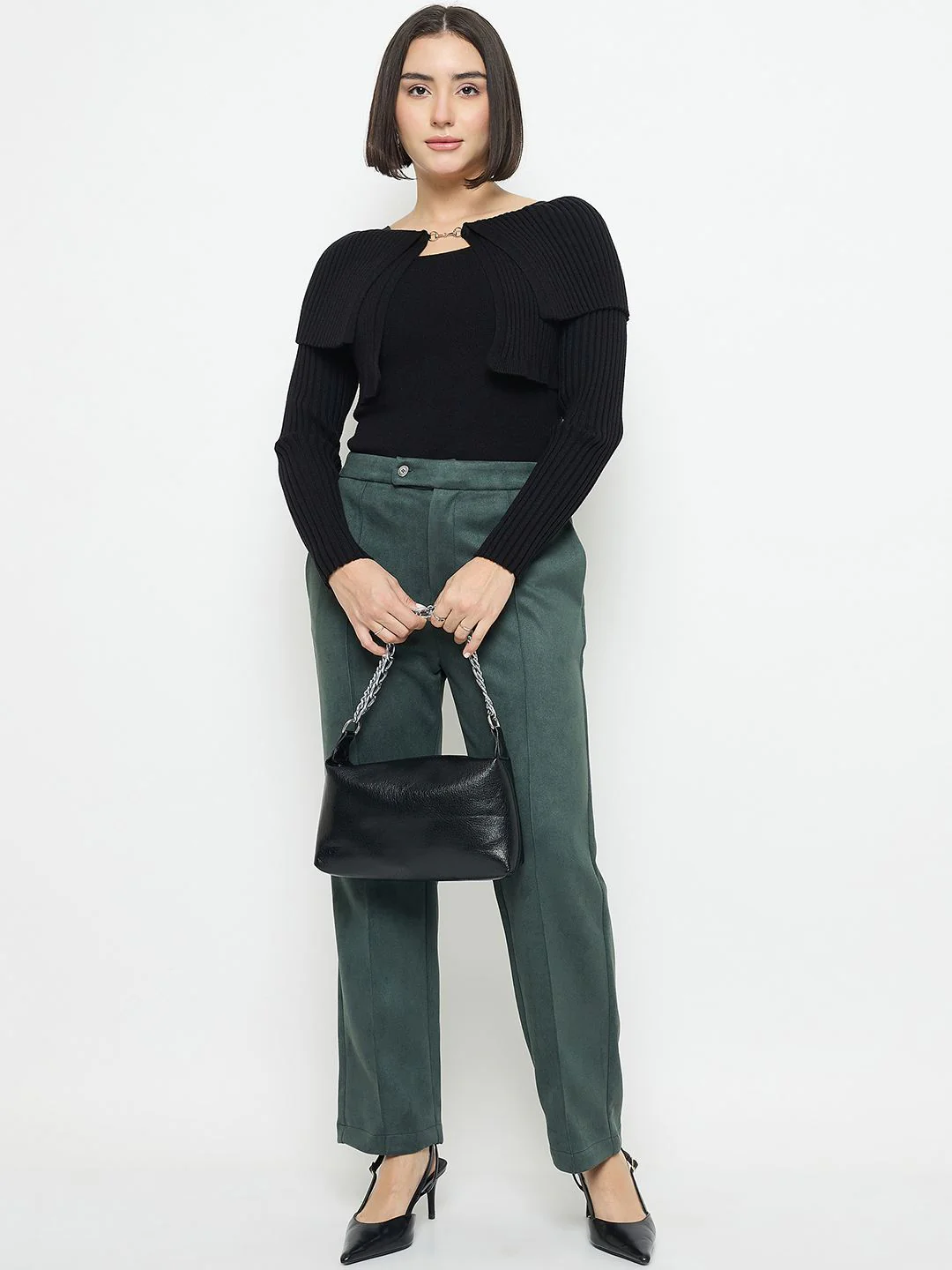 Madame Cami Neck Flutter Detailing Black Sweater - Image 2
