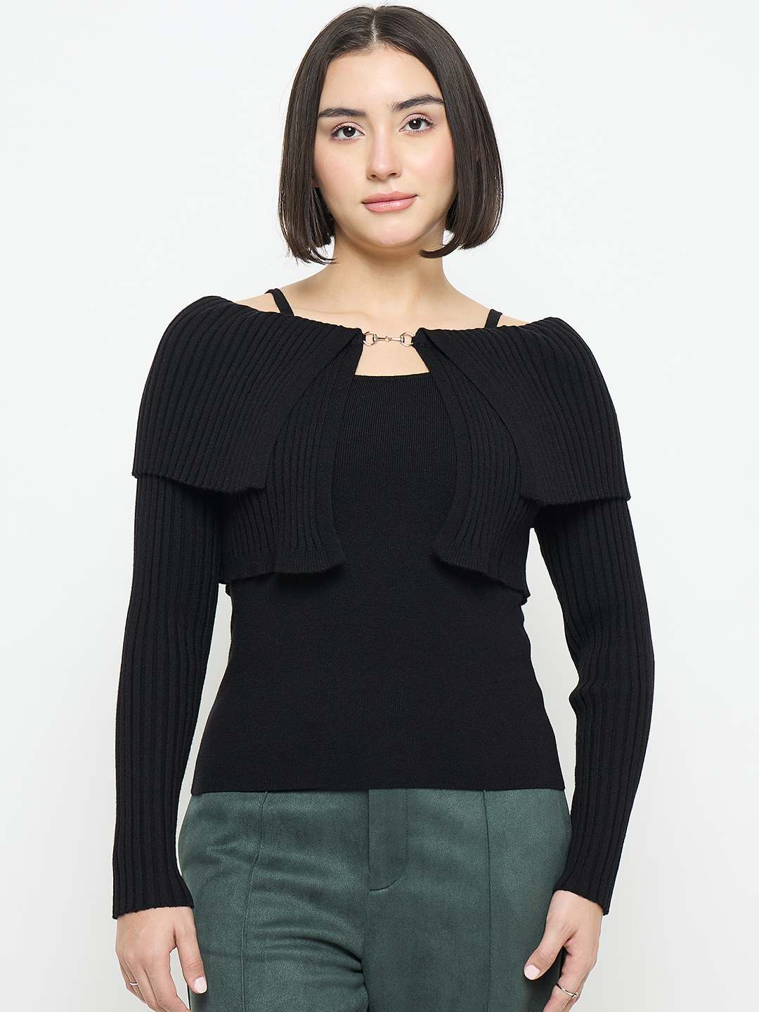 Madame Cami Neck Flutter Detailing Black Sweater - Image 3
