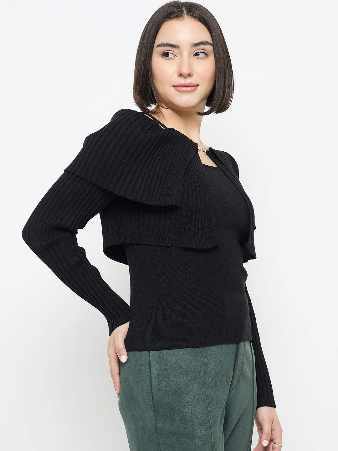 Madame Cami Neck Flutter Detailing Black Sweater - Image 4