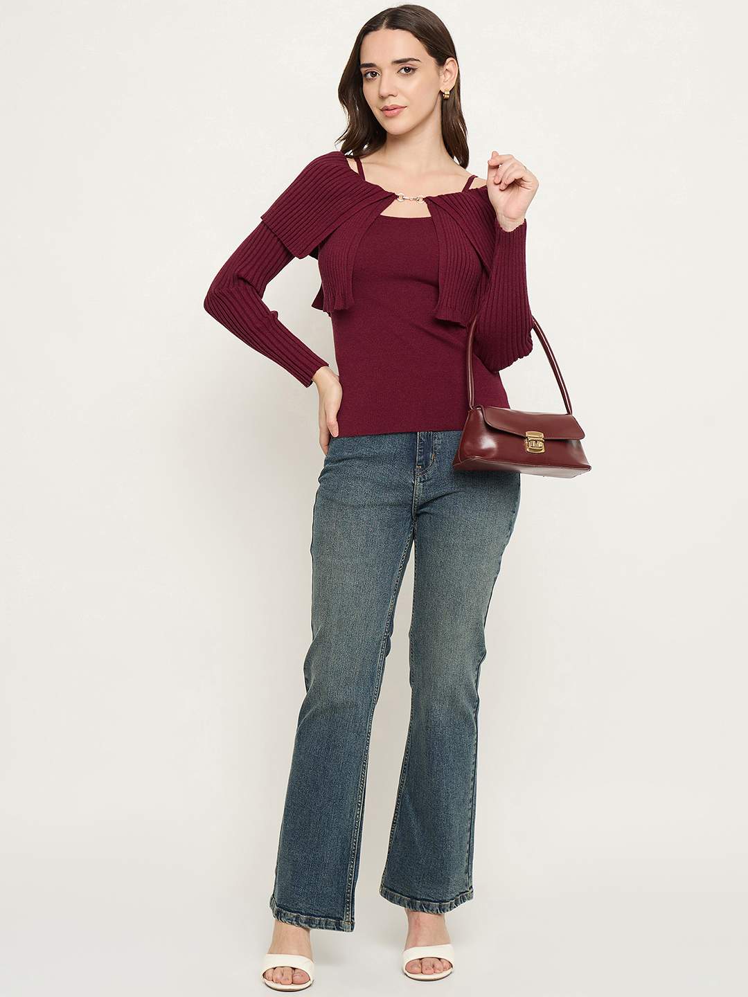 Madame Twisted Ruffle Detail Wine Red Sweater - Image 2
