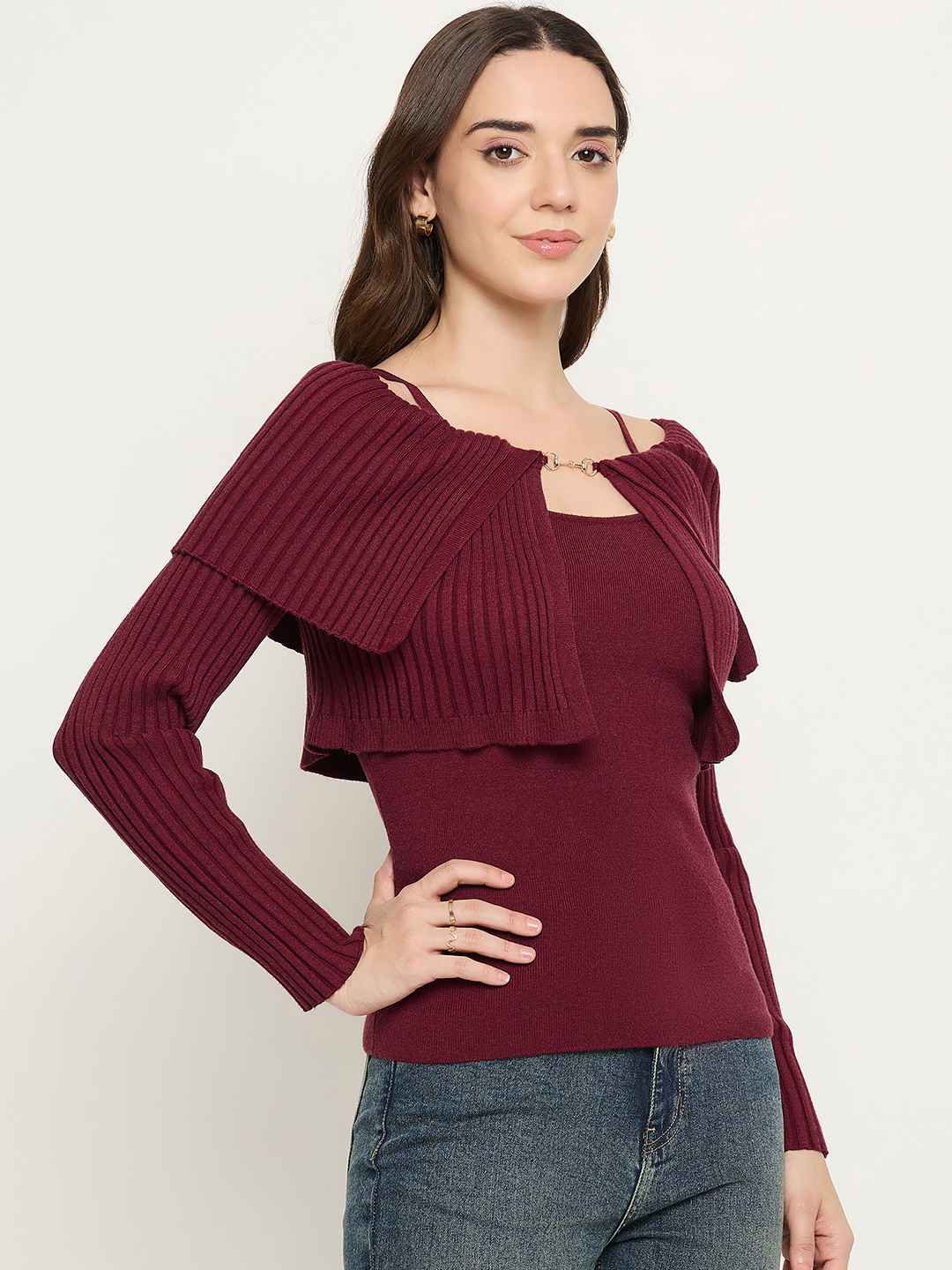 Madame Twisted Ruffle Detail Wine Red Sweater - Image 4