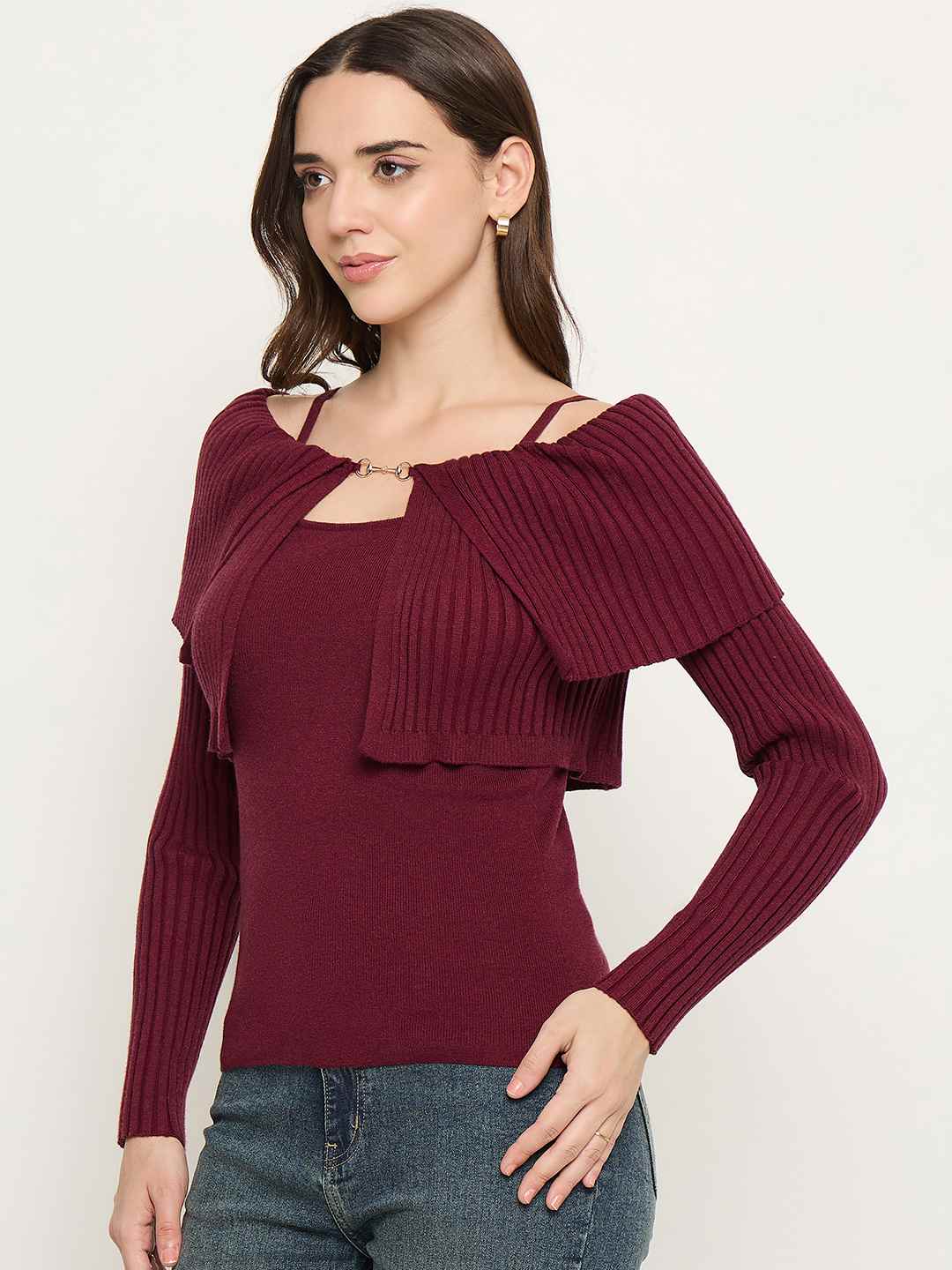 Madame Twisted Ruffle Detail Wine Red Sweater - Image 5