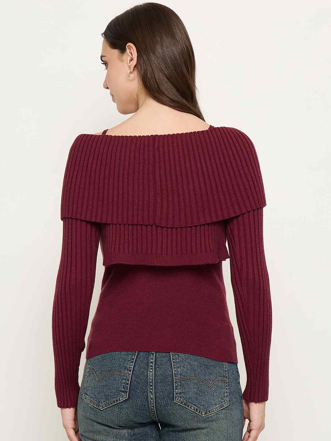 Madame Twisted Ruffle Detail Wine Red Sweater - Image 6