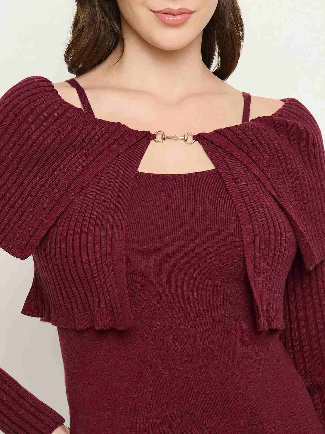 Madame Twisted Ruffle Detail Wine Red Sweater - Image 7