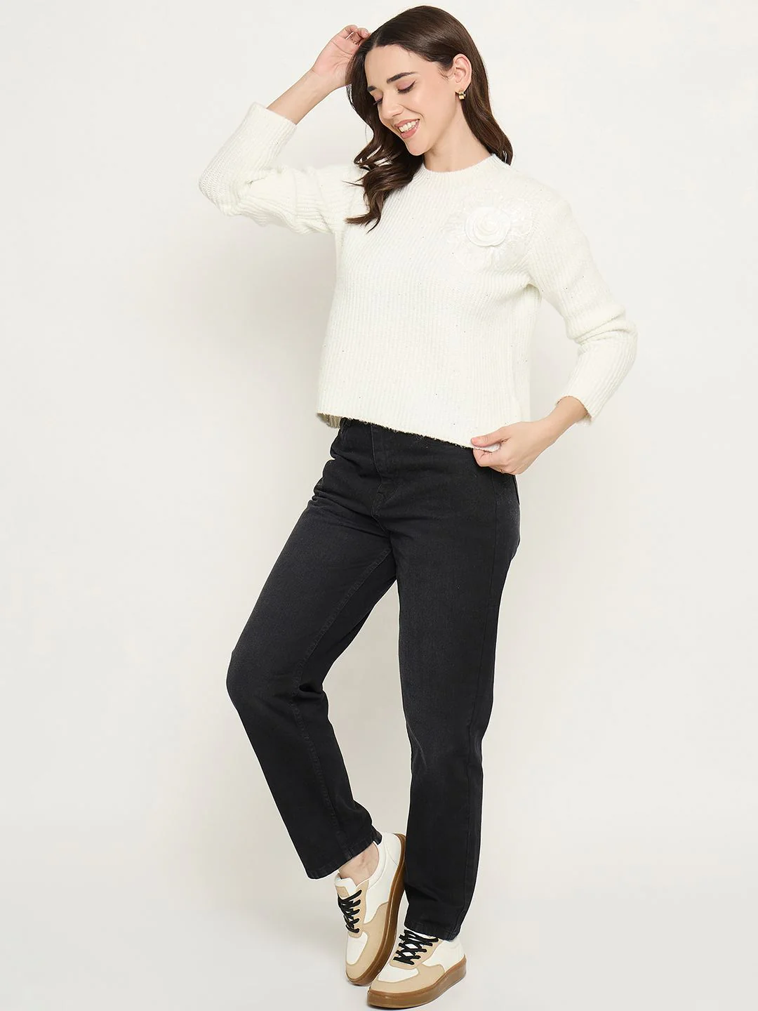 Madame Off White Solid Sweater - Image 2