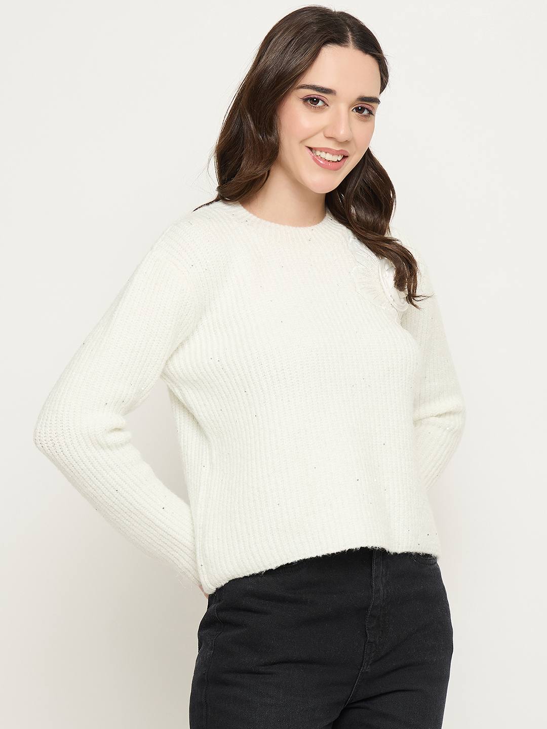Madame Off White Solid Sweater - Image 4