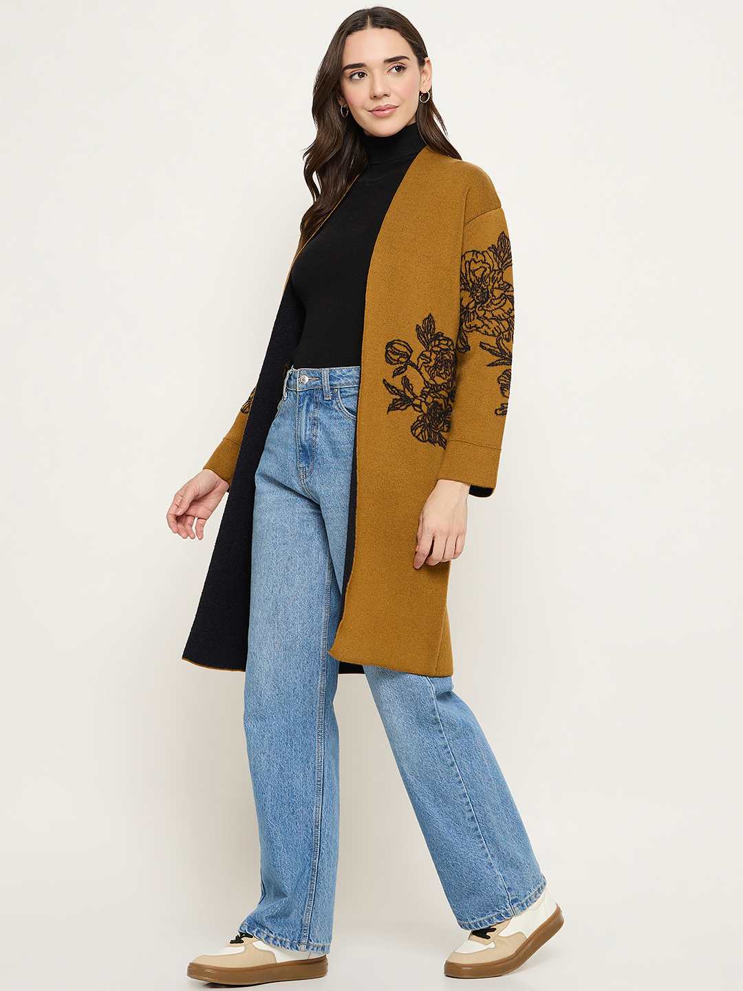 Madame Floral Print Tan Brown Open Long Shrug - Image 5