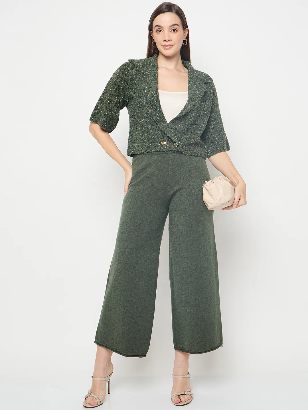Madame Textured Coat with Solid Top and Bottoms Olive Green Co-ord Set - Image 2