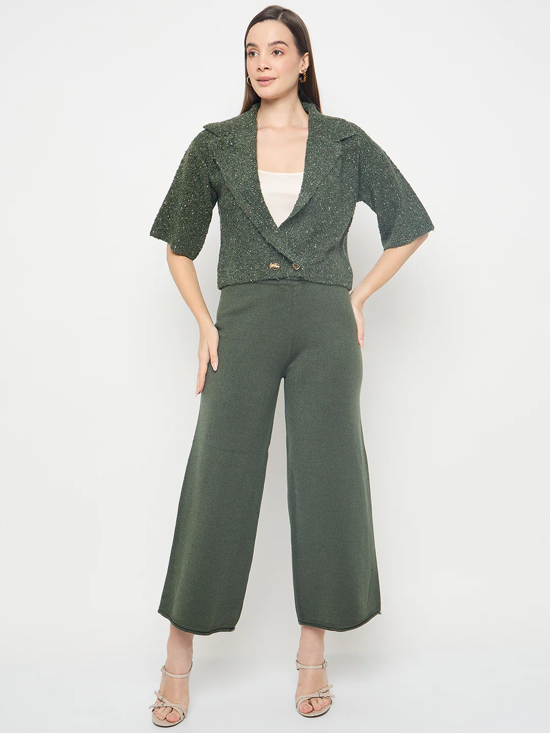 Madame Textured Coat with Solid Top and Bottoms Olive Green Co-ord Set - Image 3