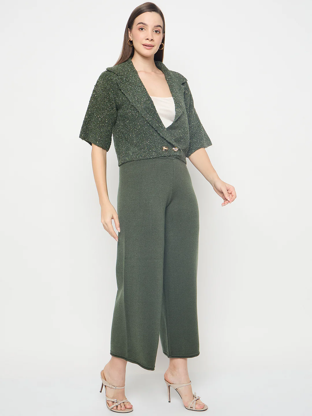 Madame Textured Coat with Solid Top and Bottoms Olive Green Co-ord Set - Image 4