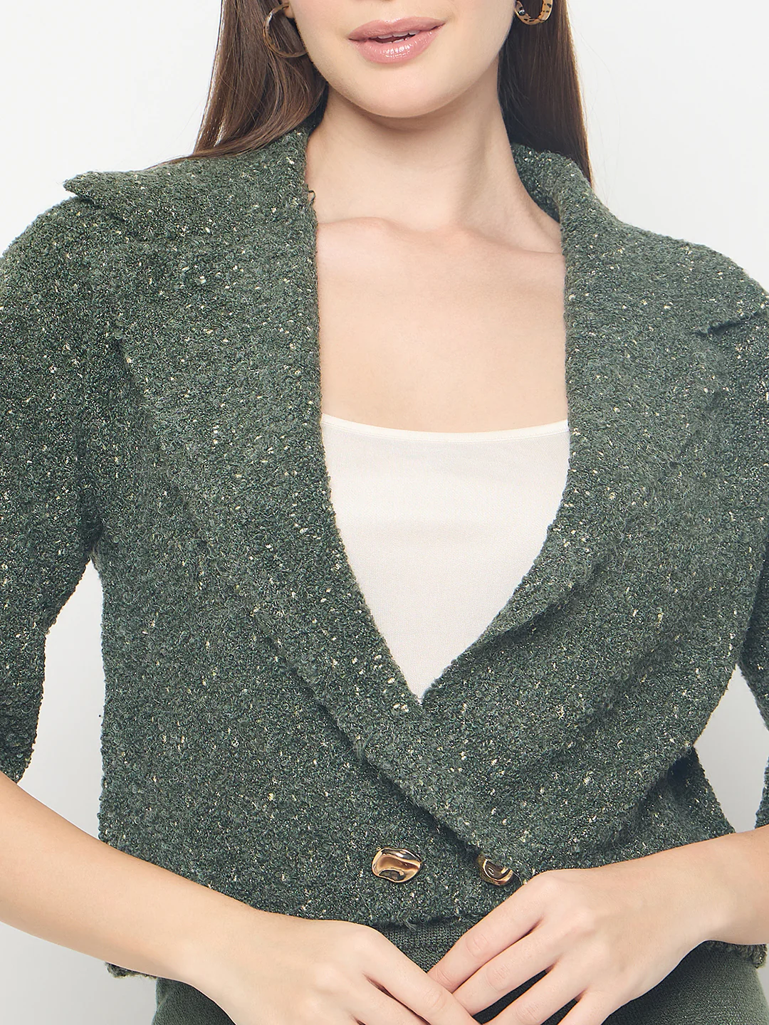 Madame Textured Coat with Solid Top and Bottoms Olive Green Co-ord Set - Image 8