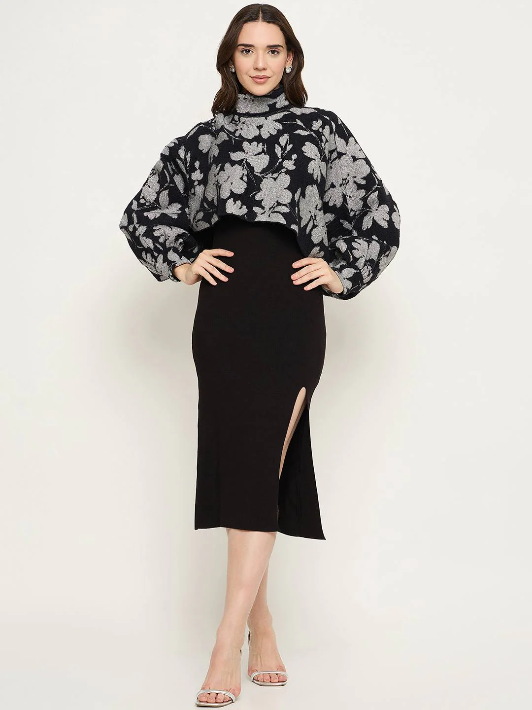 Madame Floral Print Sweater and Solid Dress Black Knitted Co-ord Set - Image 3