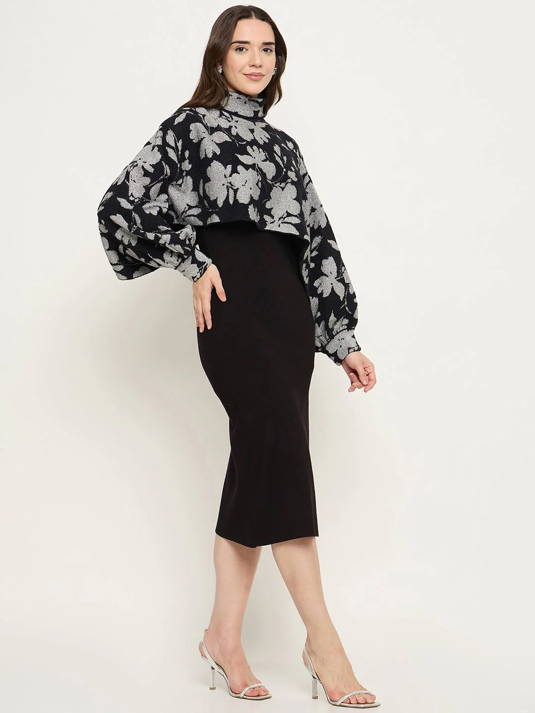 Madame Floral Print Sweater and Solid Dress Black Knitted Co-ord Set - Image 4