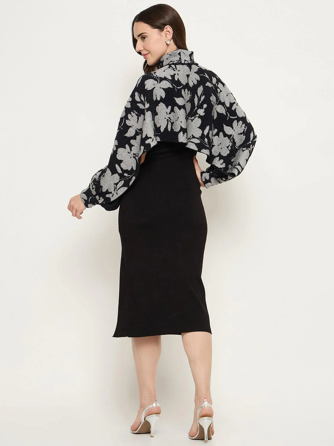 Madame Floral Print Sweater and Solid Dress Black Knitted Co-ord Set - Image 7