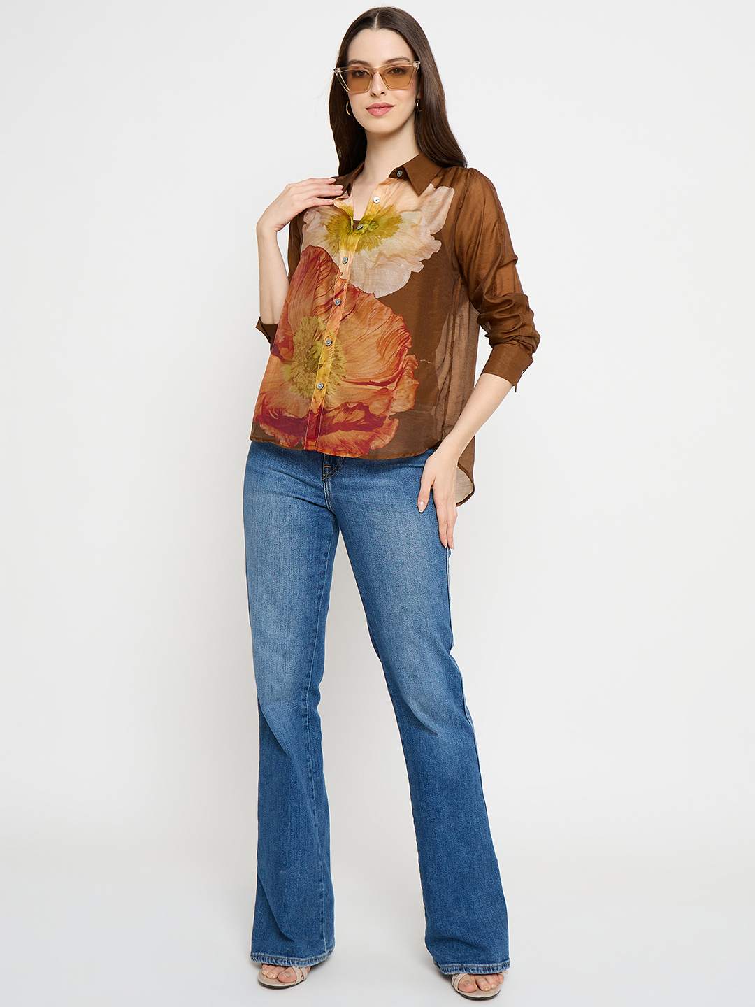 Madame Floral Print Tencel Blend Brown Shirt - Image 2