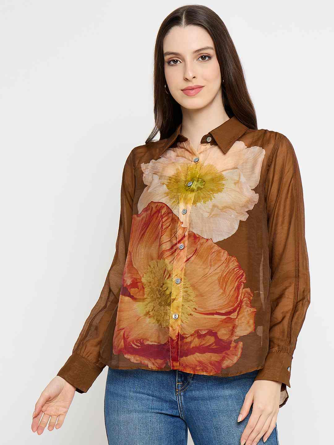 Madame Floral Print Tencel Blend Brown Shirt - Image 3